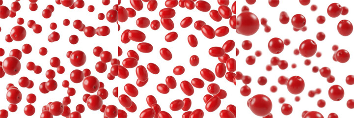 Miracle fruit berries flying composition isolated on white background, Synsepalum dulcificum small red berries with glossy skin scattered in motion © Sweet
