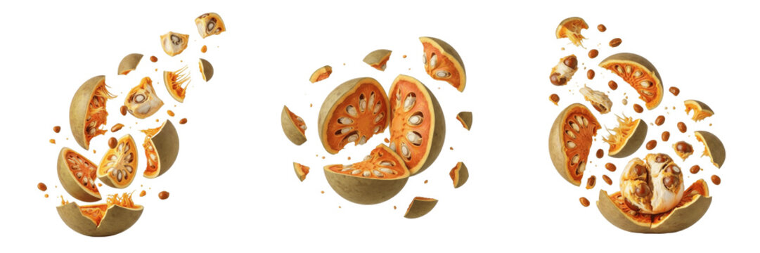 Bael fruit cracked flying composition isolated on white background, Aegle marmelos hard shell split open revealing fibrous aromatic pulp and seeds in dynamic motion
