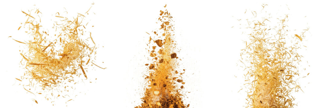 Wood apple pulp flying composition isolated on white background, Limonia acidissima cracked shell with thick brown fibrous pulp chunks and seeds scattered in motion