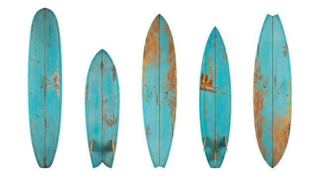 A compelling display of five unique vintage distressed wooden surfboards standing upright on a transparent background.