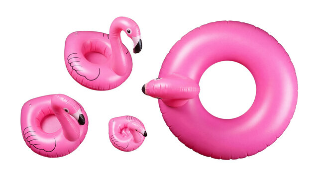 Variety of pink inflatable flamingo pool floats and swim rings, showcasing different shapes for summer fun.