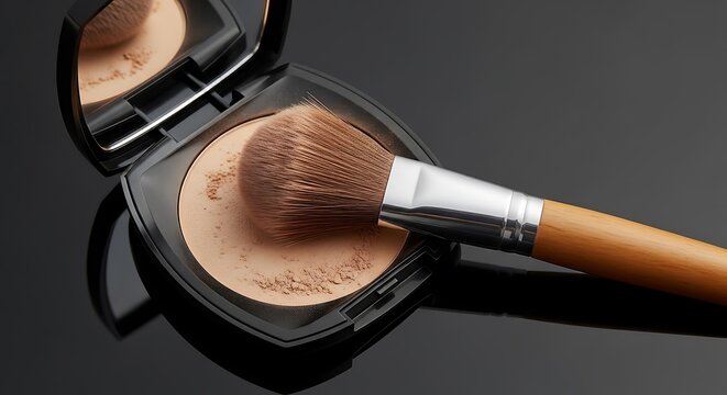Cosmetics powder compact with brush on reflective black surface