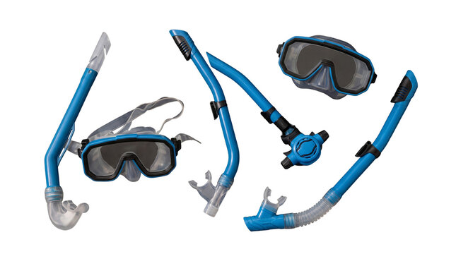 Collection of matching blue scuba diving masks and breathing tubes on transparent background for water sports and ocean exploration.