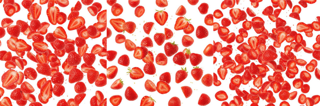 Strawberry halves and seeds flying composition isolated on white background, Fragaria &times; ananassa red berry halves with visible achenes scattered in dynamic motion