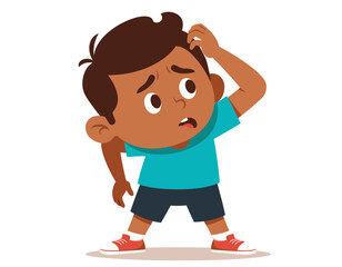 Fototapeta premium A puzzled boy scratches his head in confusion, wearing a blue shirt and shorts