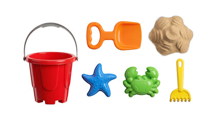 A colorful collection of essential beach toys, including a red bucket, orange shovel, blue starfish, green crab. © Jane