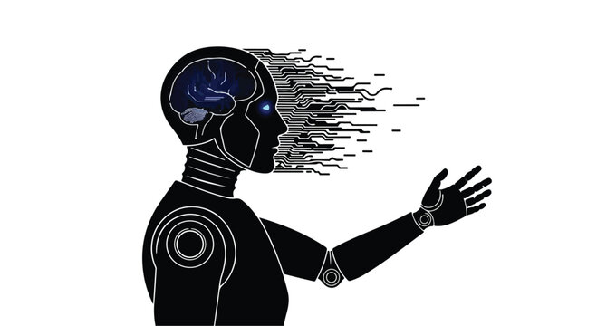 A black robotic head profile shows a glowing blue brain and dissolving pixels on the right side, with an outstretched hand.