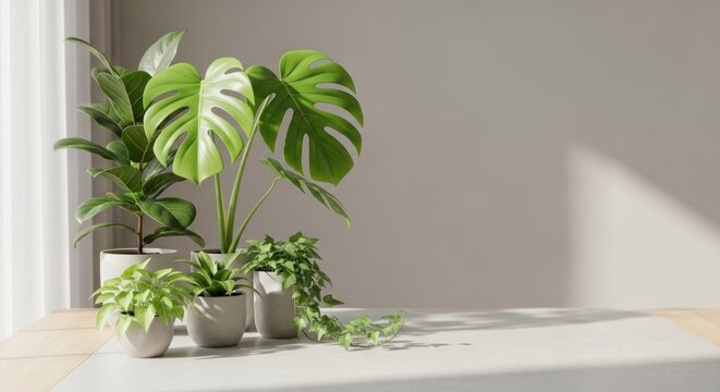 A serene indoor setting with a window, potted plants, and a white wall, creating a calm and natural atmosphere.