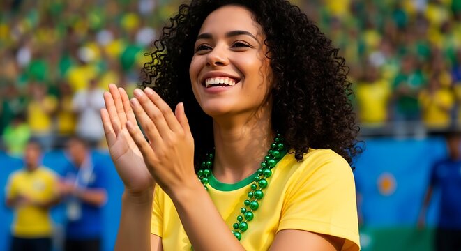A smiling woman wearing a yellow shirt and green beads cheers at a sports event Brazilian woman fan in green and yellow at the 2026 soccer world championship.