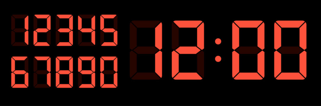 赤いLEDセグメント数字のデジタル表示セット（時計・タイマー・カウントダウンに使える近未来風ナンバーフォント素材）