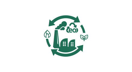 Fototapeta premium Eco-Friendly Factory Symbol with Recycling Arrows and Green Leaves.