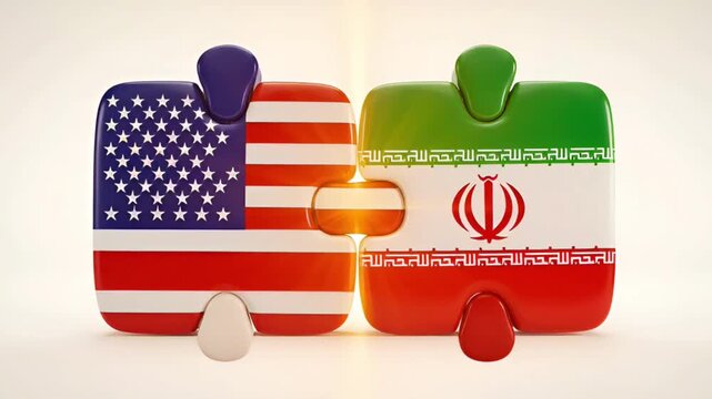 two puzzle pieces with images of usa and iran flags connecting with each other concept of political crisis solution compromise and diplomatic dialogue