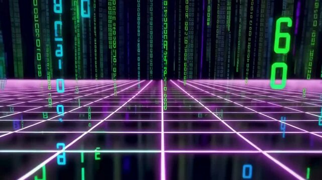 Cyberpunk Digital Matrix Grid Background. 3D render of a retro synthwave neon purple grid with falling green binary code matrix effect for technology and gaming backgrounds.