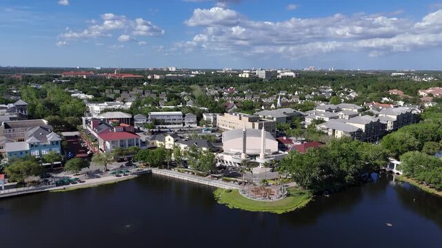 Aerial view of downtown Celebration, a master planned community in Kissimmee just south of Orlando, Florida. 