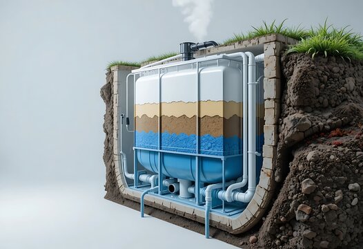 Cross section of underground water treatment tank with filtration layers and steam rising from pipes. ibc container