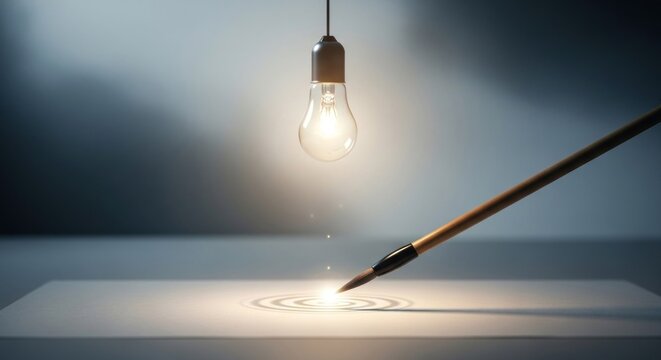 A light bulb emitting a bright light, suspended above a blank canvas with a brush resting on it, creating a sense of inspiration or creativity.