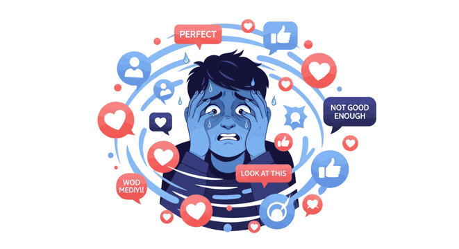 An illustration depicts a person experiencing burnout, overwhelmed by social media notifications and self-doubt, set against a swirling blue and white background, conveying a sense