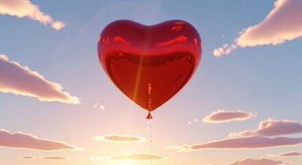 Obraz premium A red heart-shaped balloon floating in the sky with a sunset background.