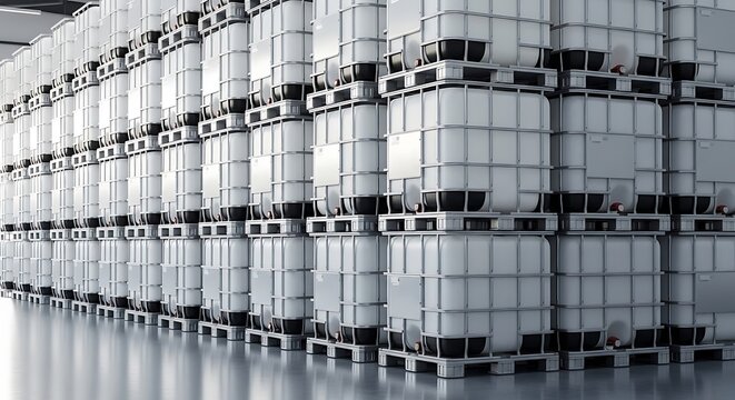 Rows of white industrial plastic liquid storage containers stacked high in a warehouse facility. ibc container