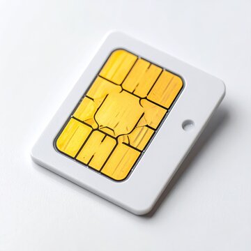 Close-up of a modern mini SIM card for mobile devices showcasing its gold integrated circuit and plastic white frame on a neutral surface