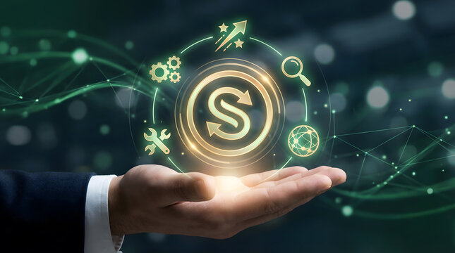 Businessman holding glowing SaaS subscription model and system synchronization hologram. Software as a service concept with virtual sync cycle, network and optimization tools interface. 