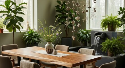 Fototapeta premium A cozy dining area with a wooden table, potted plants, and a waterfall, featuring a variety of green and brown plants, a vase with flowers, and a white wall with a window.