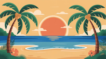 Obraz premium Tropical beach, palm trees, sunset, vector illustration, summer vacation, travel background