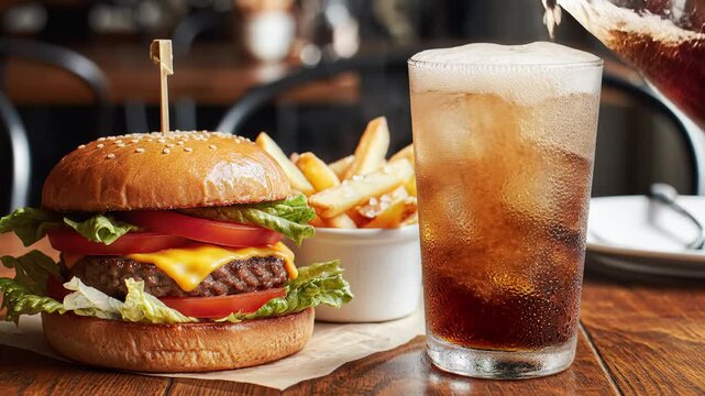 Delicious Cheeseburger Meal with Fries and Soda 1.