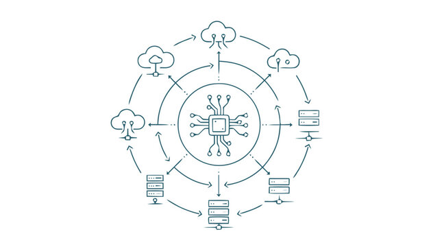 Digital Technology Illustration - Central Processor Unit with Cloud Computing.