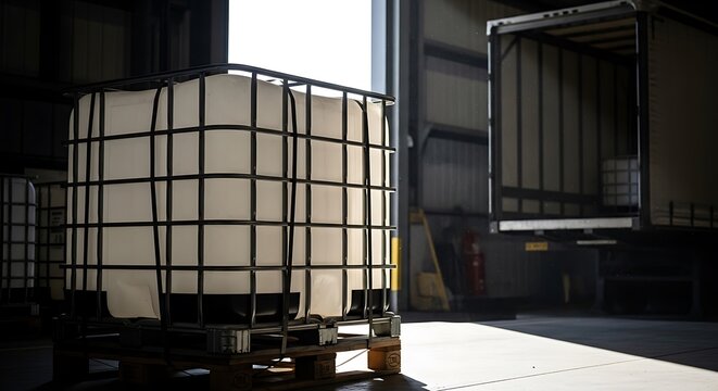 Large white plastic industrial container in a metal cage on a wooden pallet inside a dark warehouse. ibc container