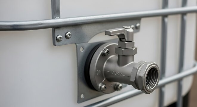 Close-up of an industrial valve and outlet on a large bulk storage container tank. ibc container