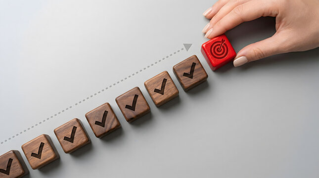 Hand placing red target block at the end of wooden cubes with checkmarks for goal achievement concept.Step by step progress to success and business goal completion concept with wooden blocks.
