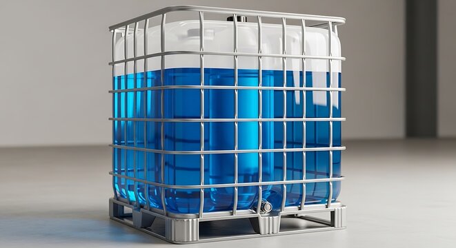 Industrial IBC Tote Container with Blue Liquid and Metal Cage on Pallet. ibc container