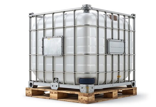 Industrial IBC Tote Tank on Wooden Pallet, Metal Cage, White Background, Storage Container. ibc container