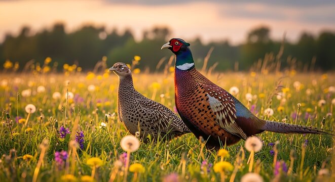 Two pheasants standing in a field with wildflowers and golden sunlight