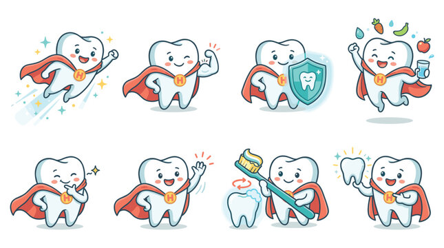 Cute Superhero Tooth Character Set Illustrating Dental Care and Healthy Lifestyle Activities for Medical Healthcare Collections