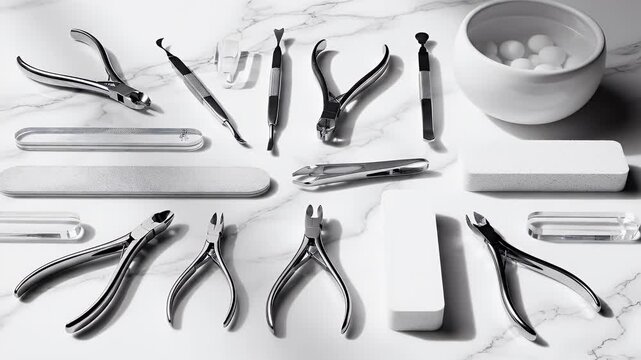 Premium Manicure Pedicure Tool Set Displayed Overhead On Marble Surface With Soft Lighting High Angle View