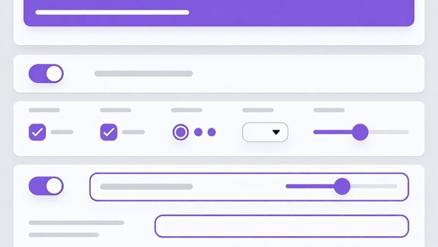 Modern User Interface and User Experience Design: Interactive Toggles, Sliders, and Checkboxes in a Purple-Themed Settings Panel for Web and Mobile Apps
