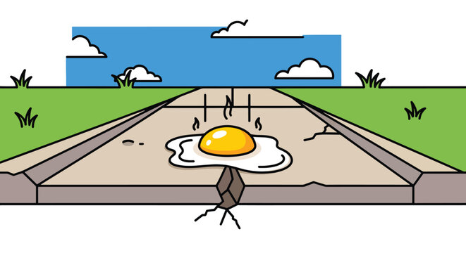 Cartoon illustration of a fried egg on a road with a cricket in front, green grass and blue sky with clouds in the background.