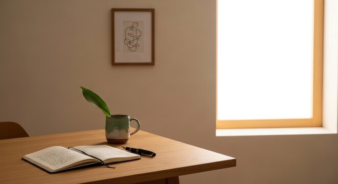 A wooden table with a green plant, a mug, and a pen on it, with a window in the background.
