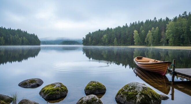 A tranquil lake scene with a wooden boat and moss-covered rocks in the foreground, surrounded by a forested shoreline and a cloudy sky.