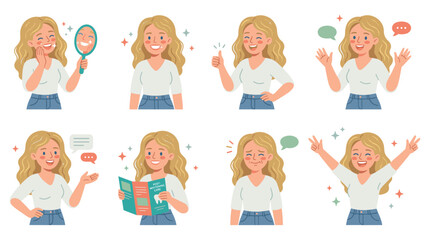 Fototapeta premium Versatile Female Character Set Depicting Various Poses, Positive Activities, and Emotional Expressions for Personal Well-being and Care