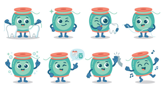 Cheerful Dental Floss Characters Collection with Medical Healthcare Poses and Oral Hygiene Activities