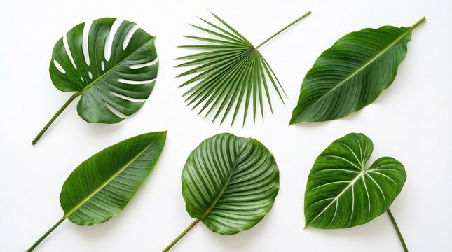 Set of exotic leaves of Monstera deliciosa, Chamaerops humilis, Musa, Strelitzia reginae, Calathea and Philodendron on a white background.