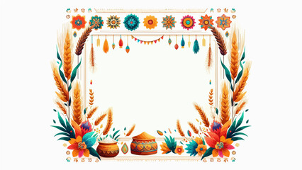 Fototapeta premium Festive Floral Frame: A beautifully crafted frame adorned with vibrant flowers, leaves, and intricate decorative elements. Perfect for adding a touch of elegance and celebration to any design.