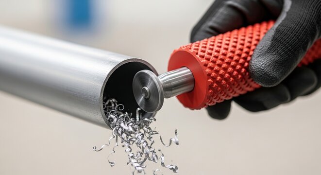 Close up of gloved hands using a deburring tool on a metal pipe creating metal shavings and sparks in an industrial