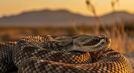 Naklejka premium Close up of coiled rattlesnake with open mouth and fangs visible set against a warm desert landscape at sunset