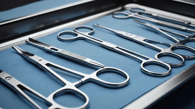 Surgical Instruments Laid Out On A Blue Tray Sterile Medical Equipment Ready For Operation Studio Lighting Overhead Shot
