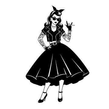Rockabilly Elegance: A stylish woman embodies the vintage rockabilly aesthetic with a chic dress, iconic tattoos, and a rebellious attitude, set against a classic monochrome backdrop.