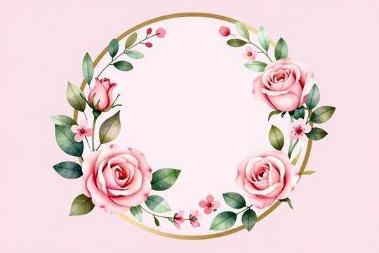 a round frame with pink roses and eucalyptus leaves